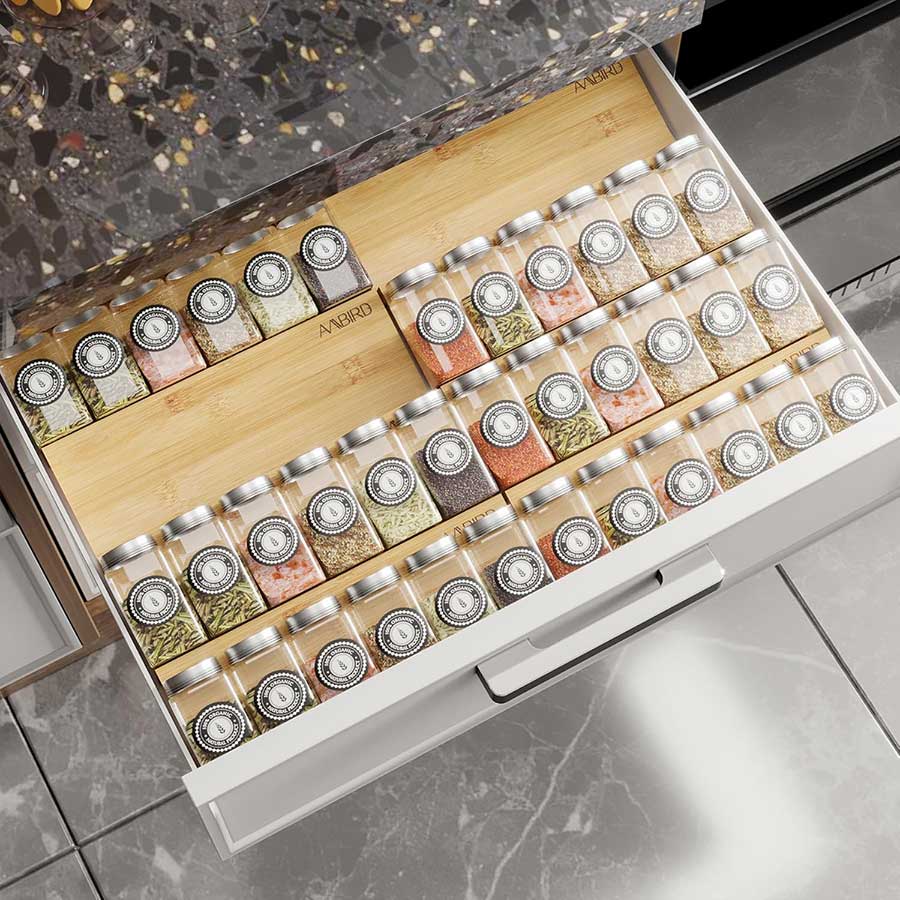 AMBIRD Bamboo Spice Drawer Organizer with Non-slip Mat,4 Tier - 2 Set Jar Spice Rack Tray From 12''to 24'',Hold up 48 Jars Seasoning