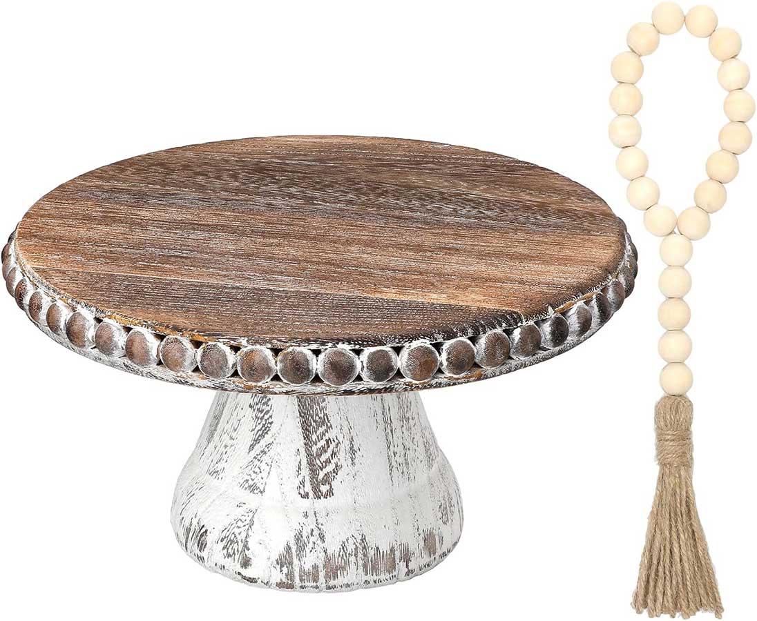 Amyhill 2 Pcs Wash Round Display Wood Riser with Wood Beaded Garland Decor Set Wooden Rustic Farmhouse Cake Stand Beaded Farmhouse Display Stands Vintage