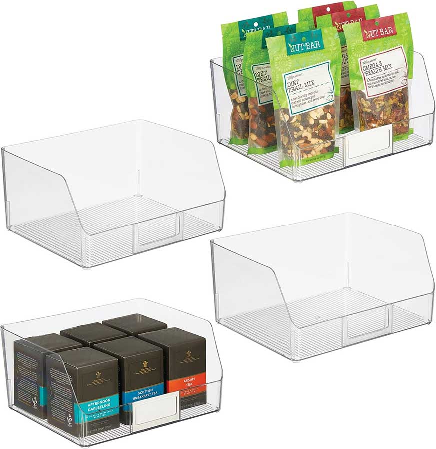 mDesign Wide Plastic Kitchen Food Storage Organizer Bin Basket with Open Front and Built-In Label Holder for Cabinets, Pantry - 12 Inch Width - 4 Pack - Clear