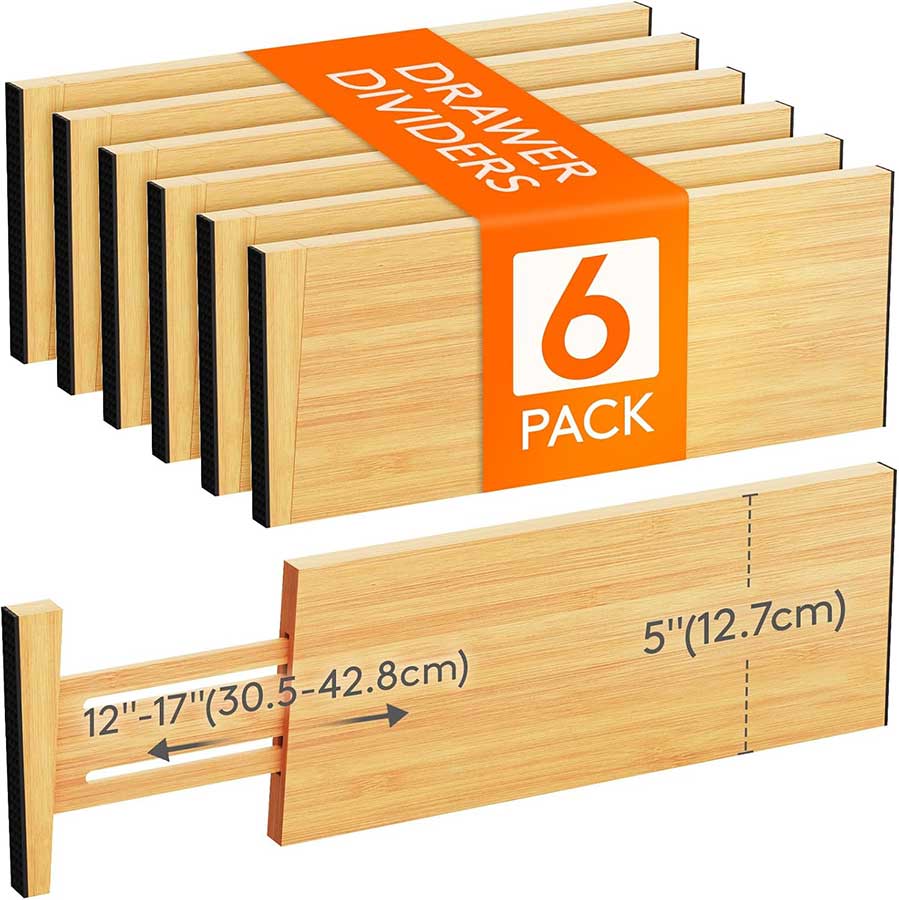 Lifewit 6 Pack Drawer Dividers Bamboo 5" High, 12-17" Adjustable Clothes Drawer Organizers, Expandable Dresser Separators in...