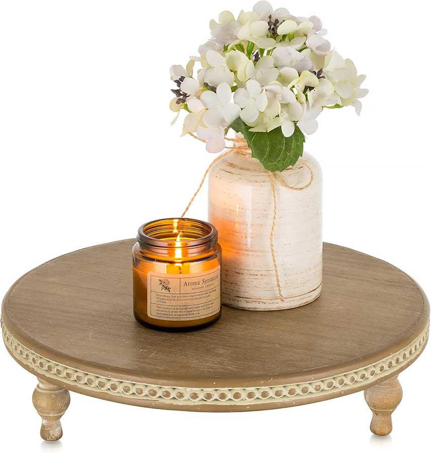 Hanobe Round Decorative Tray Stand: Beaded Vintage Wood Pedestal Risers Farmhouse Circle Display Holder for Coffee Table Home Decor Kitchen Bathroom Counter