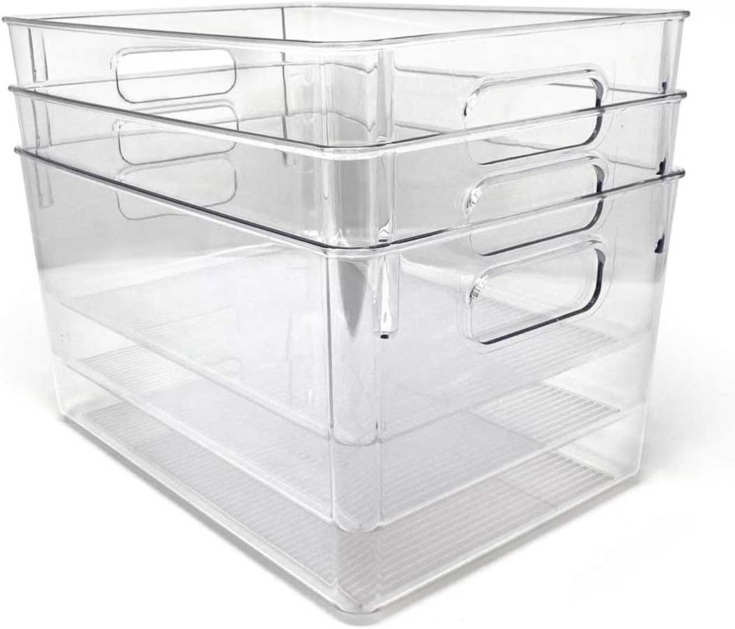Isaac Jacobs 3-Pack Large Clear Storage Bins with Handles, Plastic Organizer for Home, Room, Office, Fridge, Kitchen/Pantry Non-Slip Container Set, Food