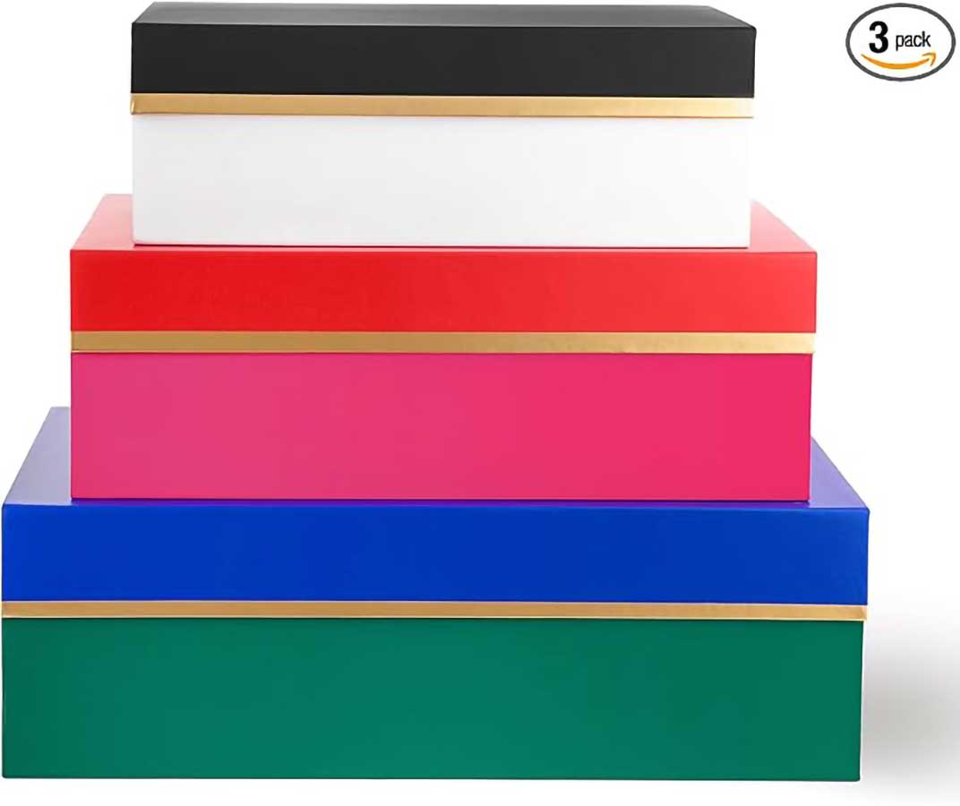 kate spade new york Decorative Storage Boxes with Lids, 3 Pack Sturdy Organizer Storage Bins, Includes Small Medium Large Pink Nesting Boxes with Magnetic Closure (Colorblock)