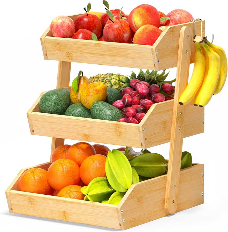Gmtsl Bamboo Fruit Basket for Kitchen– 3 Tier Fruit Bowl For Kitchen Counter, Large Fruit Holder With 2 Banana Hangers, Idea For Fruit and Vegetable Storage