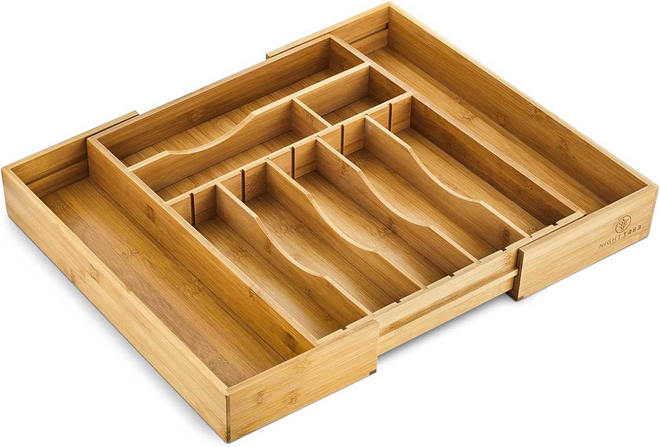 Night Tree Deep Bamboo Drawer Organizer – Expandable Utensil and Silverware Tray for Kitchen Cutlery and Flatware, Large Size (21.6" or 13.7"
