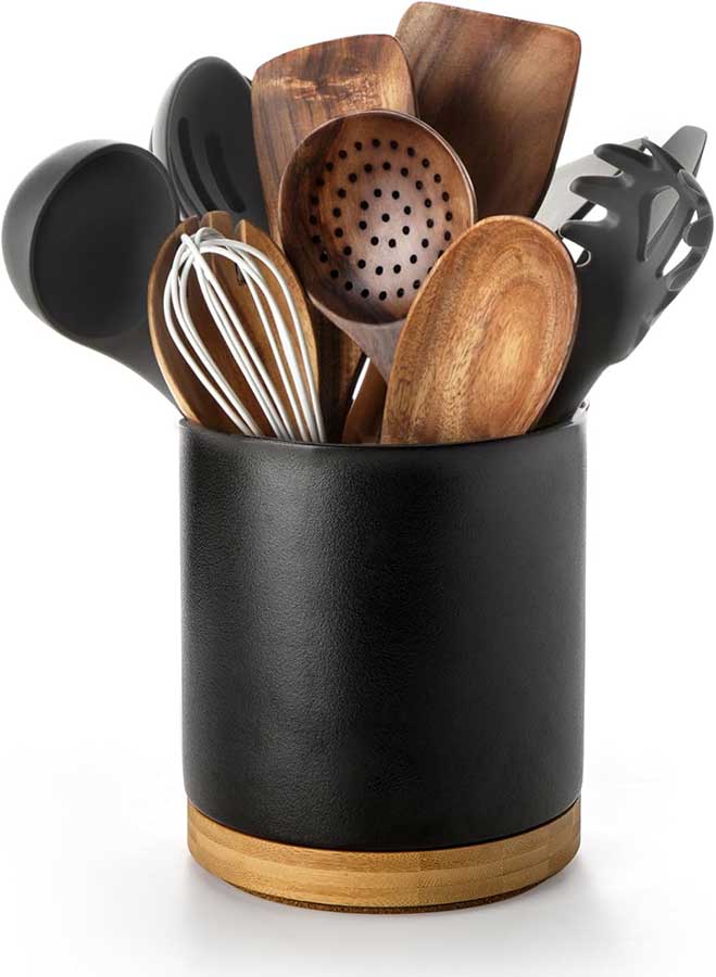 Nucookery 360°Rotating Utensil Holder, 7.2" Kitchen Utensil Crock, Ceramic Cooking Utensil Organizer with Countertop-Protection Cork Bottom