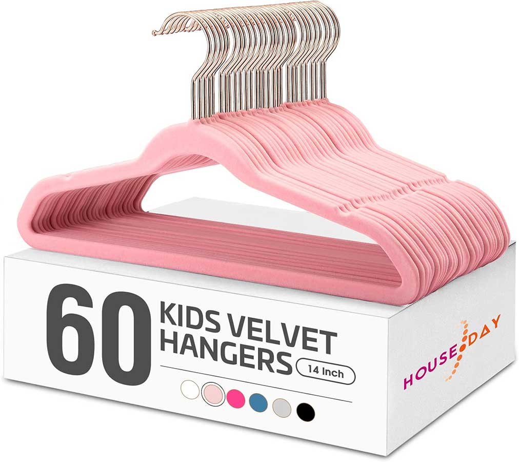 HOUSE DAY Velvet Kids Hangers 60 Pack, Premium Childrens Hangers for Closet, Ultra Thin Cute Clothes Hanger, Non Slip Felt Hangers 14 Inch, Small Hangers