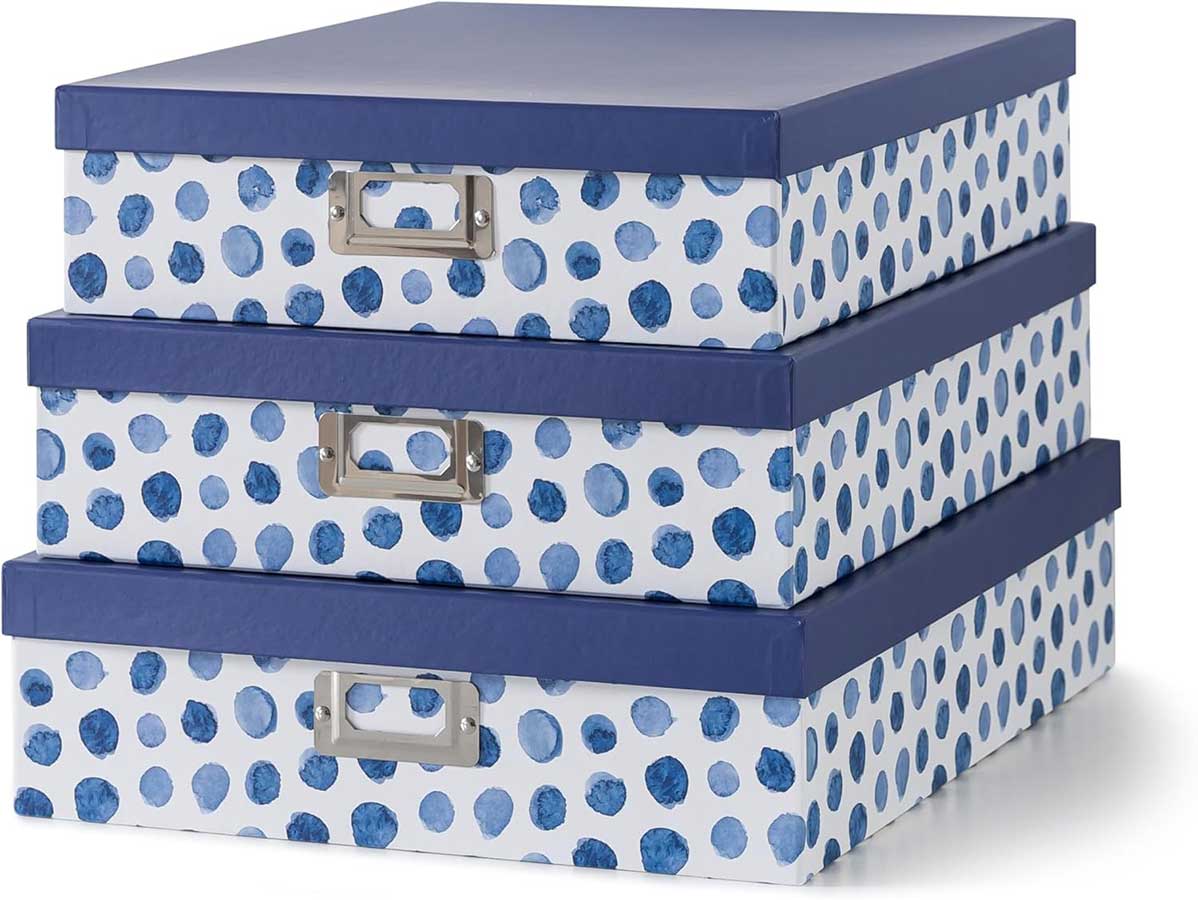 Soul & Lane Blue Spots Decorative Storage Boxes with Lids, Set of 3 Memory Boxes for Keepsakes, Nesting Letter Cardboard Document Storage for Organizing