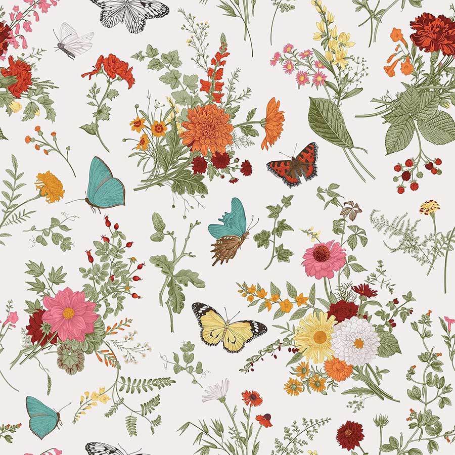 VEELIKE 17.7''x118'' Butterflies Marigolds Floral Peel and Stick Vintage Herbs Floral Wallpaper Roll for Bedroom Bathroom Removable Self