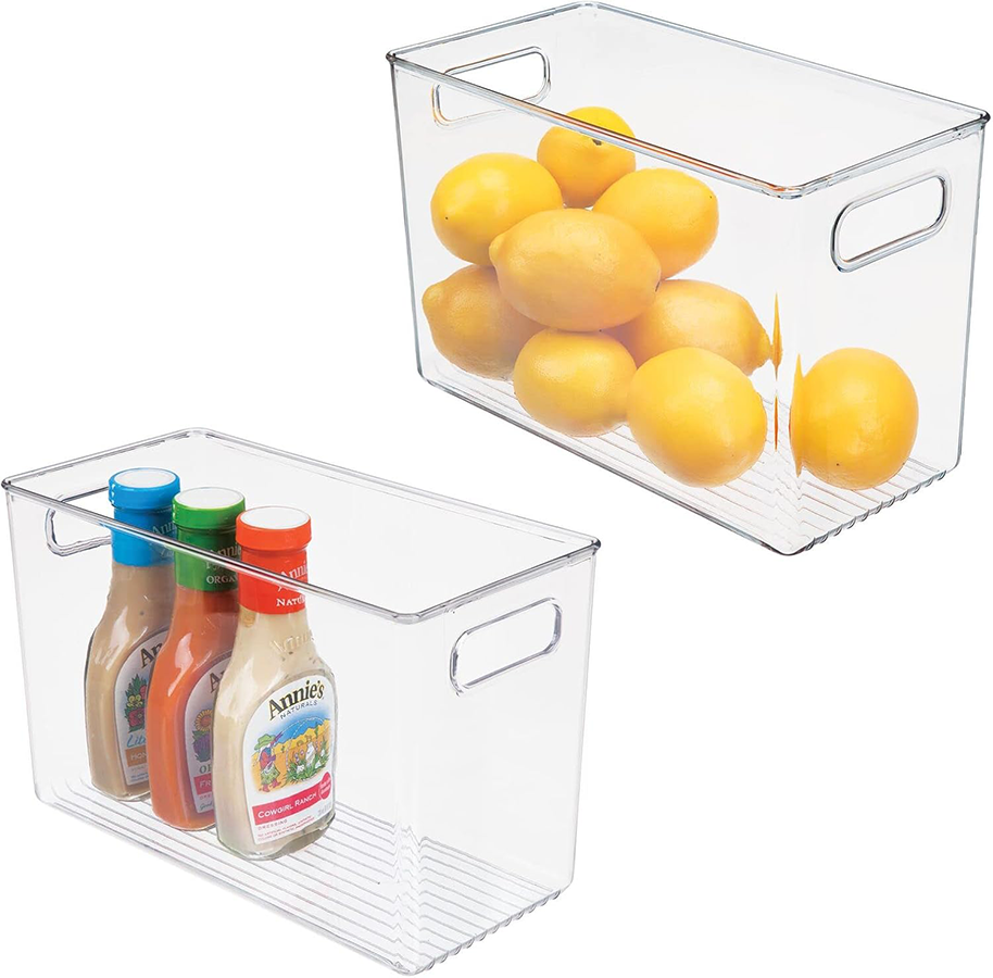 mDesign Plastic Storage Box – Narrow Open-Top Fridge Organiser Tray with Handle – Can Be Used as Fridge Tray, Shelf Box or for Cupboard Storage – Pack of 2