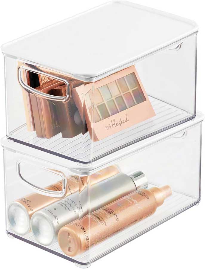 mDesign Deep Plastic Bathroom Storage Bin Box, Lid/Built-in Handles, Organization for Makeup, Hair Styling Tools, Toiletry Accessories in Cabinet, Shelves