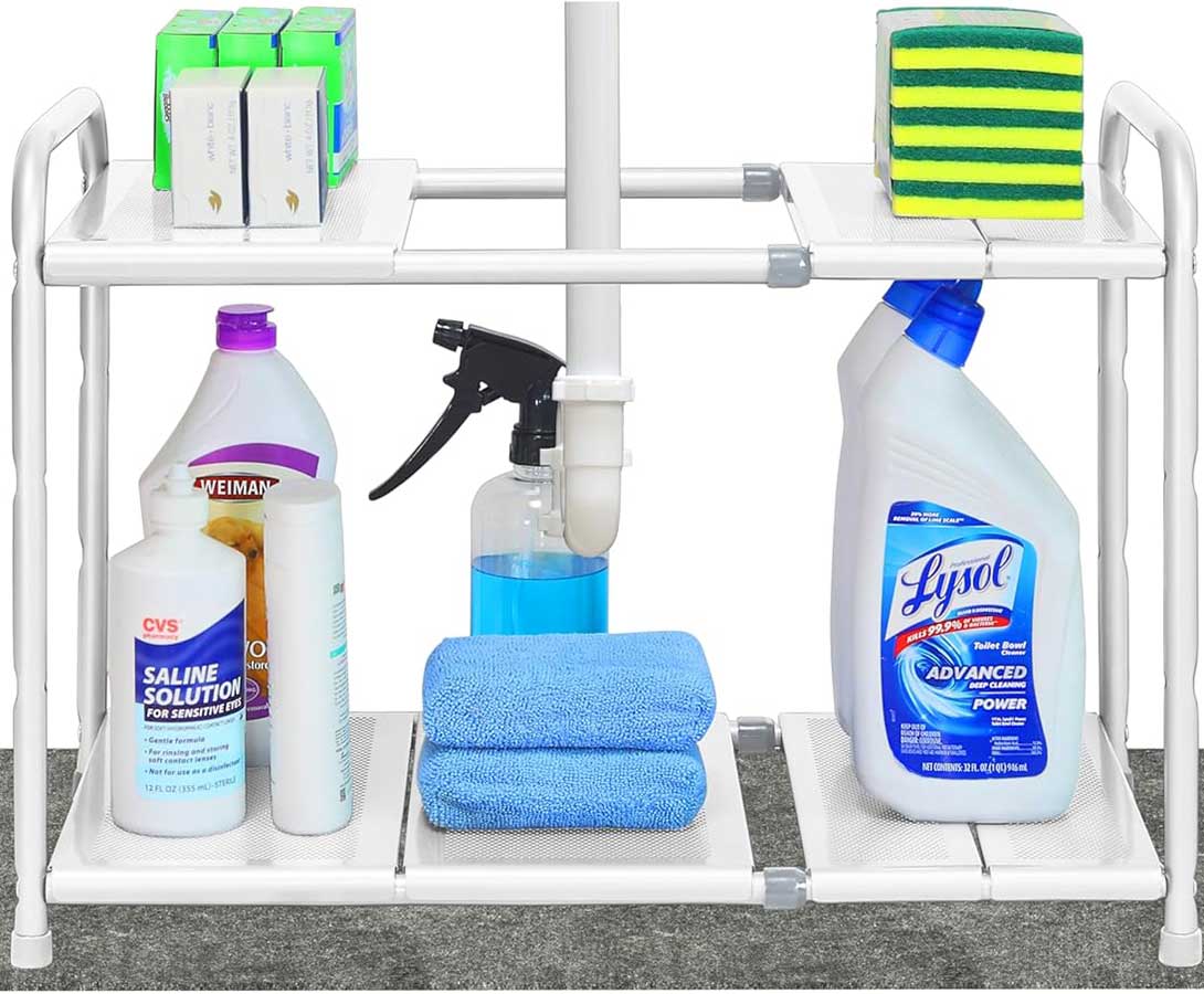 Simple Houseware Under Sink 2 Tier Expandable Heavy Duty Metal Shelf Organizer Rack, White (Expand from 15 to 25 inches)