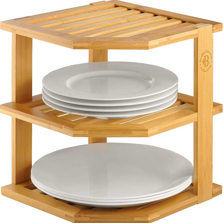 Cabinet Organizer Shelf - Bamboo Corner Rack for Kitchen Counter, Cabinet Space Saver for Plates, Dishes, Bowls, Bread Pantry, Bathroom Storage