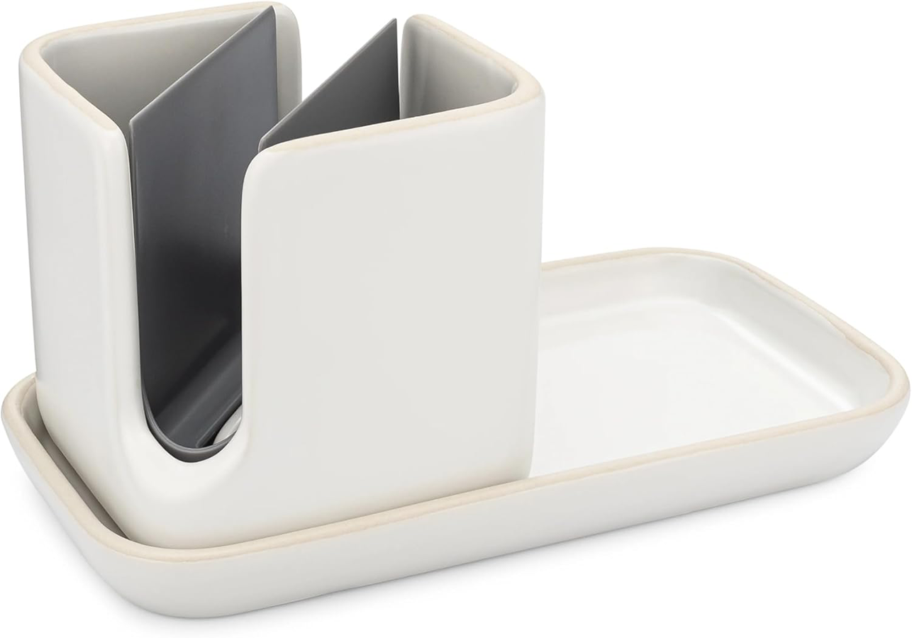Full Circle Home Stash Ceramic Sink Caddy and Organizer, White/Gray