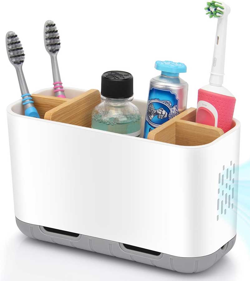 GFWARE Toothbrush Holders for Bathrooms - Bamboo Divider Toothbrush and Toothpaste Holder with Drainage, Kids Electric Toothbrush Organizer for Bathroom
