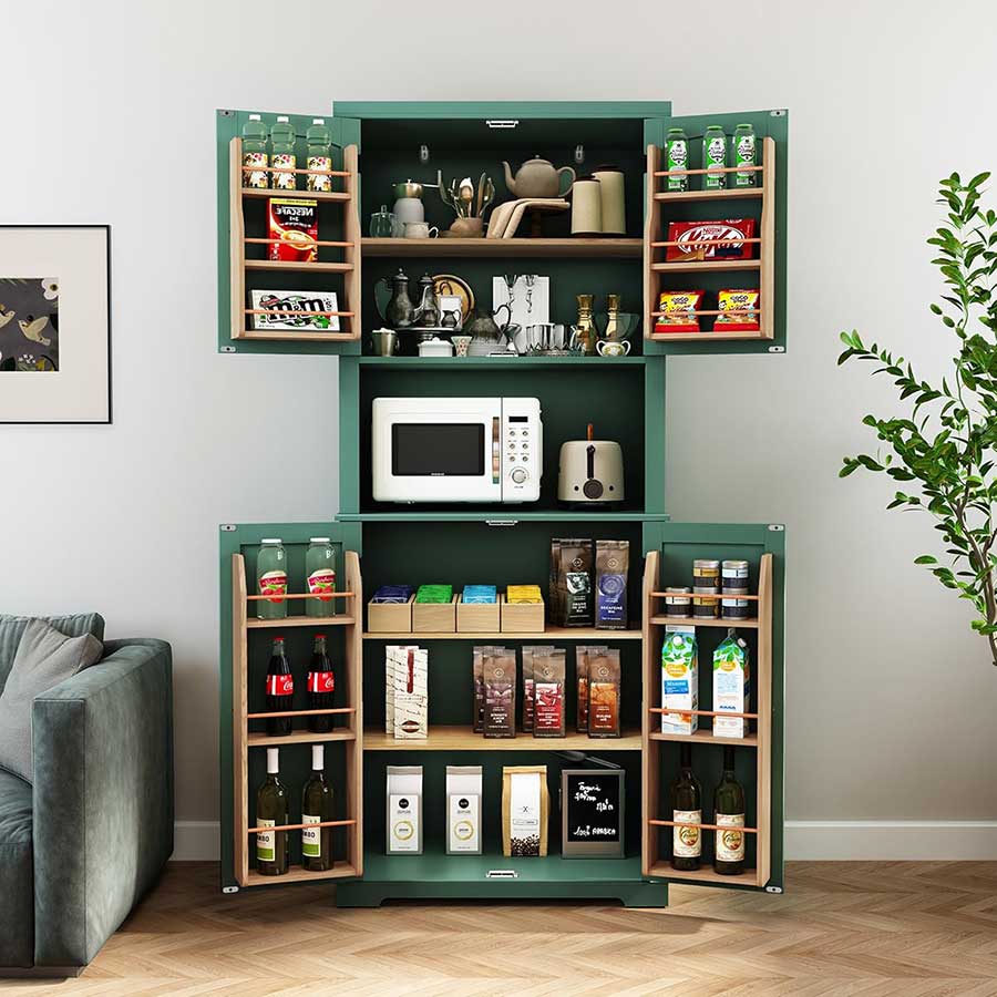 HLR 72" Kitchen Pantry Storage Cabinet, Freestanding Larder Cupboard, Kitchen Hutch Cabinet with Microwave Stand,Utility Pantry with Doors and Shelves