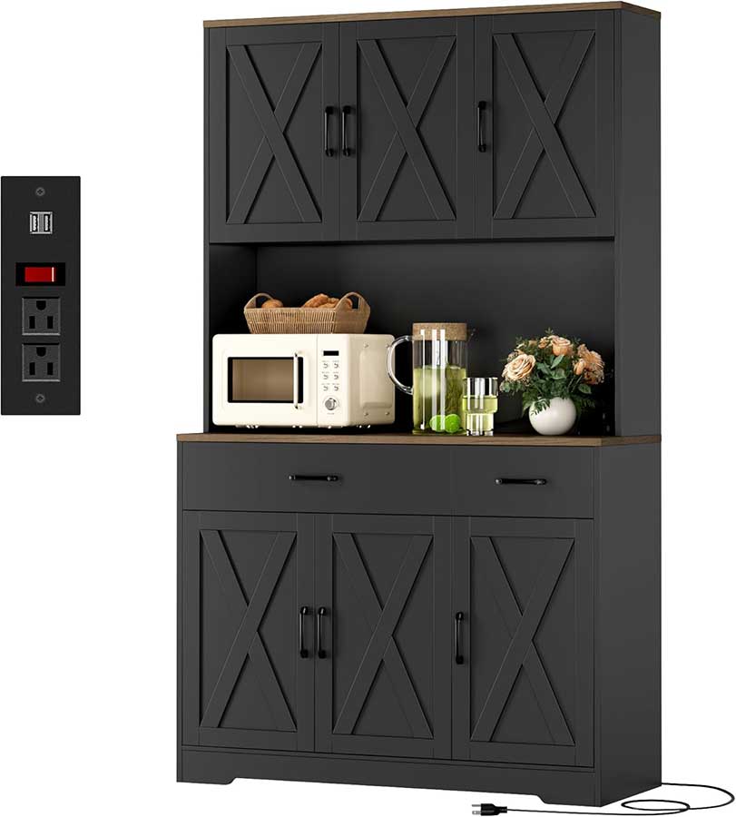 HOSTACK 71" Pantry Cabinet with Charging Station, Tall Kitchen Pantry Storage Cabinet with Microwave Stand, Farmhouse Kitchen Hutch with Storage Drawers