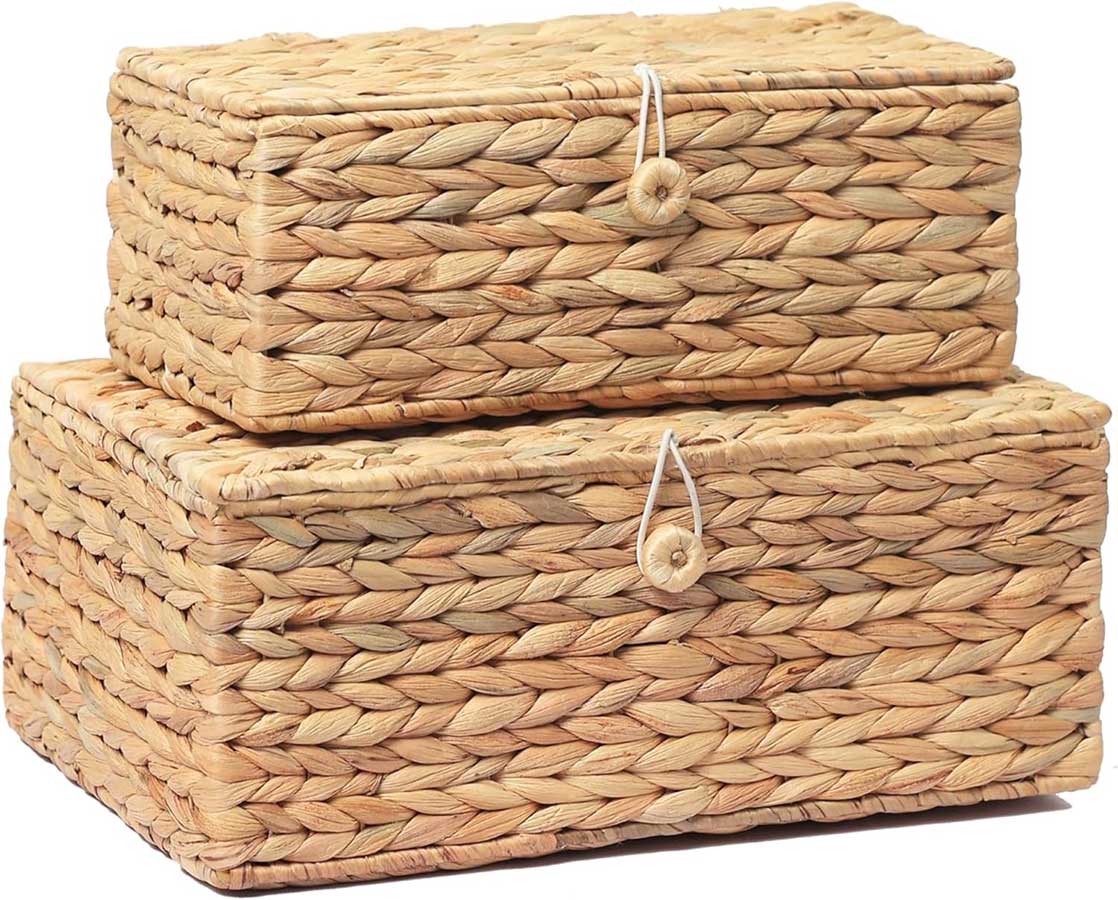 LUSYDECO Set of 2 Rectangular Wicker Storage Bins with Lid, Multipurpose Organizer Rattan Display Boxes for Shelf Organizer, Boho Wicker Box for Home Decoration