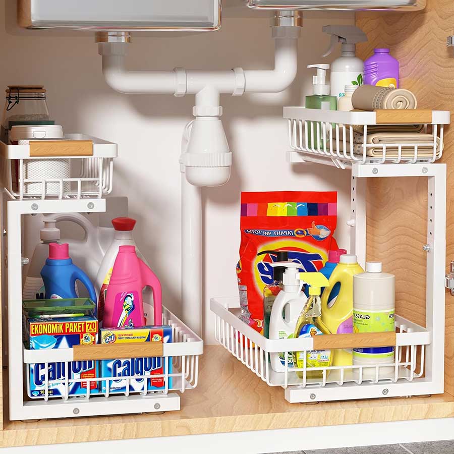 Liuoud Under Sink Organizer 2 pack, 2 Tier Slide Out Under Sink Organizers And Storage, Height Adjustable Pull Out Cabinet Drawers, Kithcen Bathroom Metal