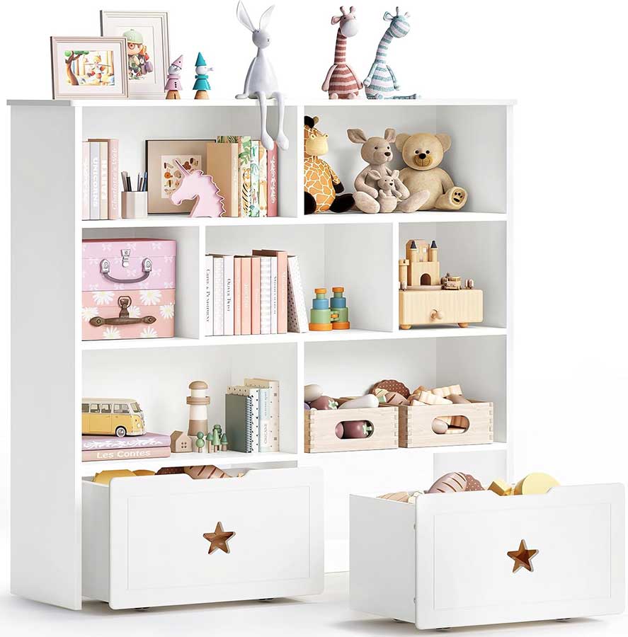 ONBRILL Toy Storage Organizer, Large Toy Shelf with 7 Storage Cubbies and 2 Movable Drawers, Cottage Style Toy Shelf for Kids Room