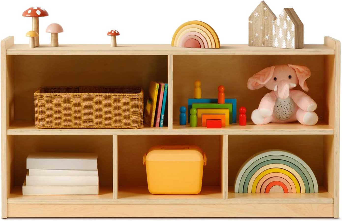 OOOK Montessori Shelf 5-Section Wooden Storage Cabinet, 2-Shelf Toy Organizers and Storage, Kids Classroom Organizer, Playroom, Daycare and Preschool
