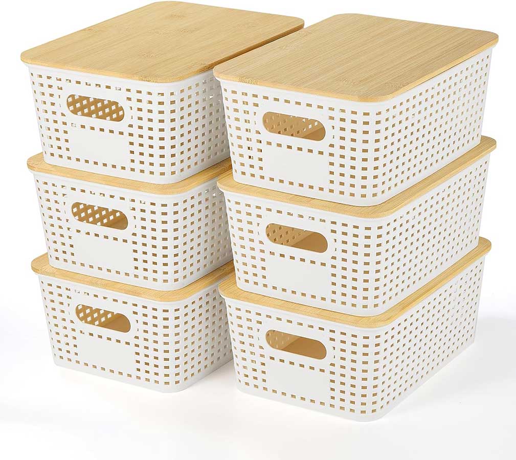Plastic Storage Baskets With Bamboo Lid - Plastic Storage Containers Stackable Storage bins: Storage Baskets for Organizing Shelves Drawers Desktop Closet