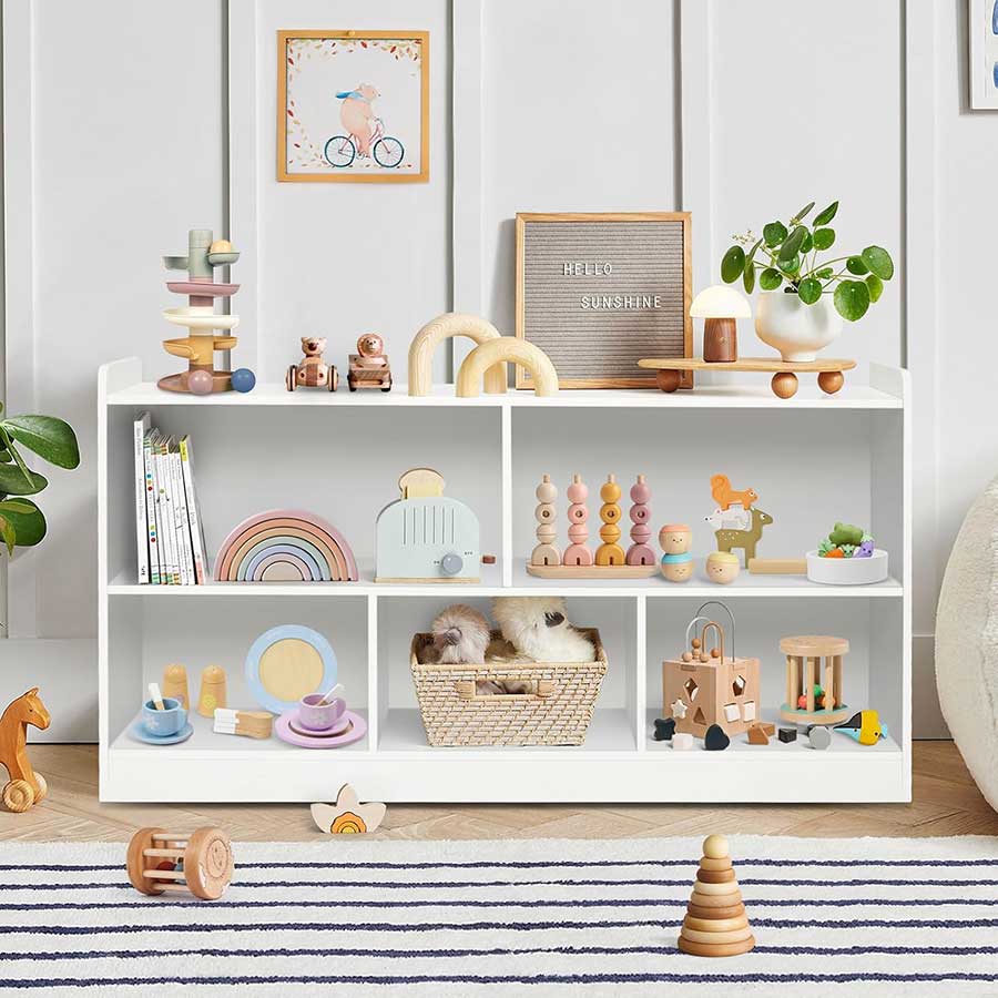 PTINFLUCE Montessori Shelf, Wooden Toy Storage Organizer for Books Toys, 2 Shelf Bookcase, 5-Section Storage Cabinet, Toddler Book Shelf for Kids Rooms
