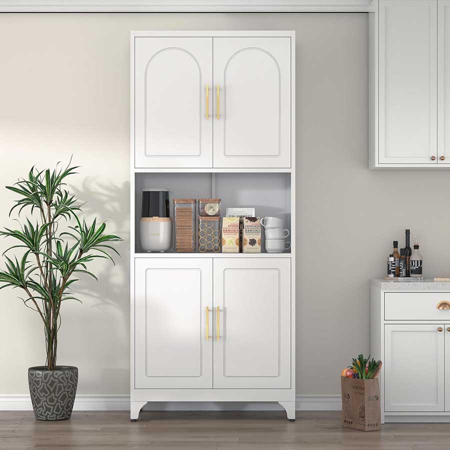 Polup Kitchen Pantry Cabinet, 75" Tall Pantry with Microwave Shelf, Kitchen Hutch with Storage, Metal Storage Cabinet with Doors and Shelves for Living