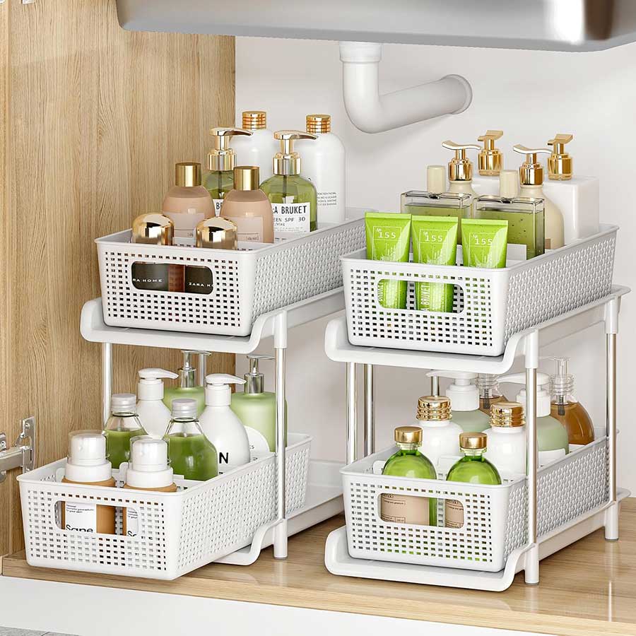 RIKOJUXI Bathroom Organizer with Dividers, 2Pcs 2 Tier Stackable Under Sink Organizers and Storage Cabinet Organizers for Bathroom Kitchen Pantry