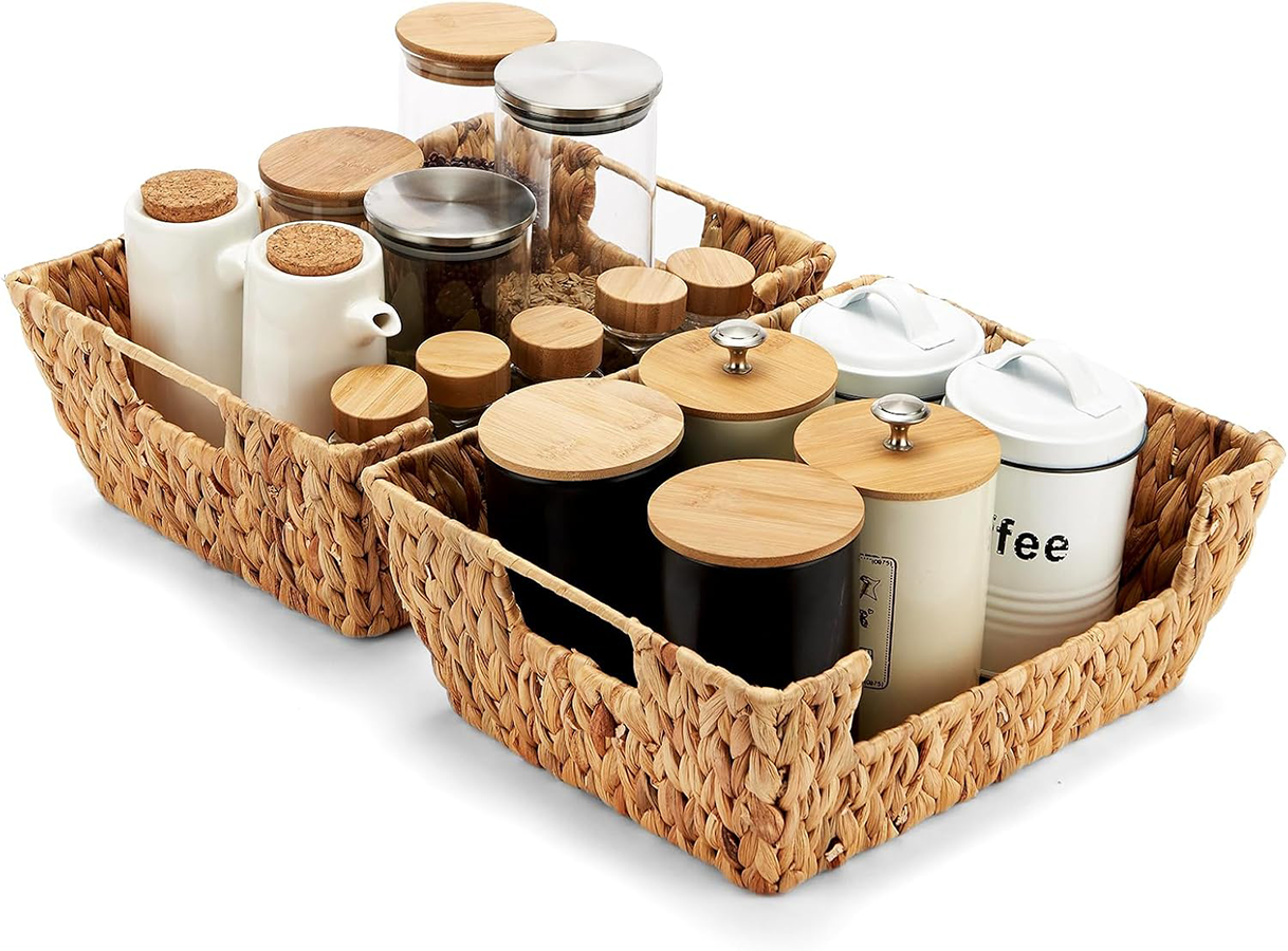 ROSOS Water Hyacinth Wicker Basket 2 Pack With Handles - Pantry Storage and Organization, Handmade Large Natural Baskets for Organizing