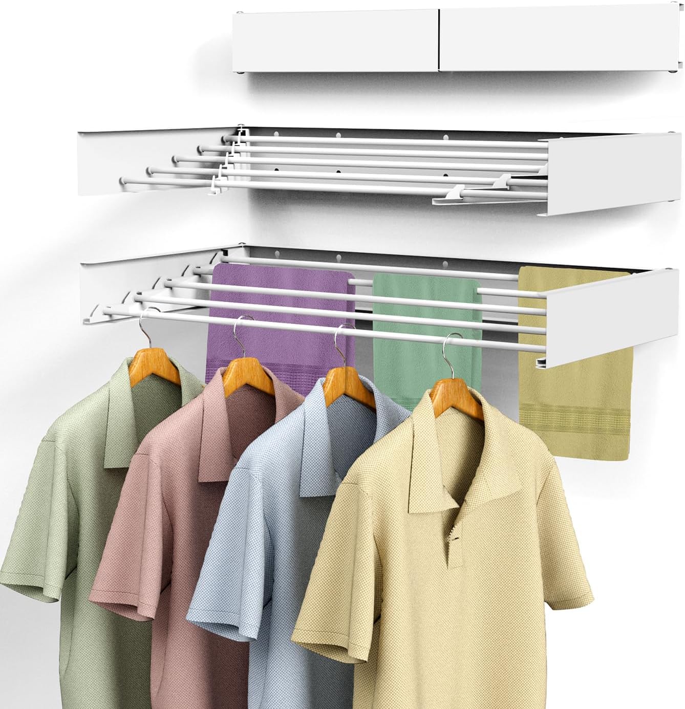 SZJoyBet Laundry Drying Rack, Collapsible Wall Mounted Clothes Drying Rack - Space Saving, 31.5" Wide, 13.2 Linear Ft, 5 Aluminum Rods, 60 lb Capacity