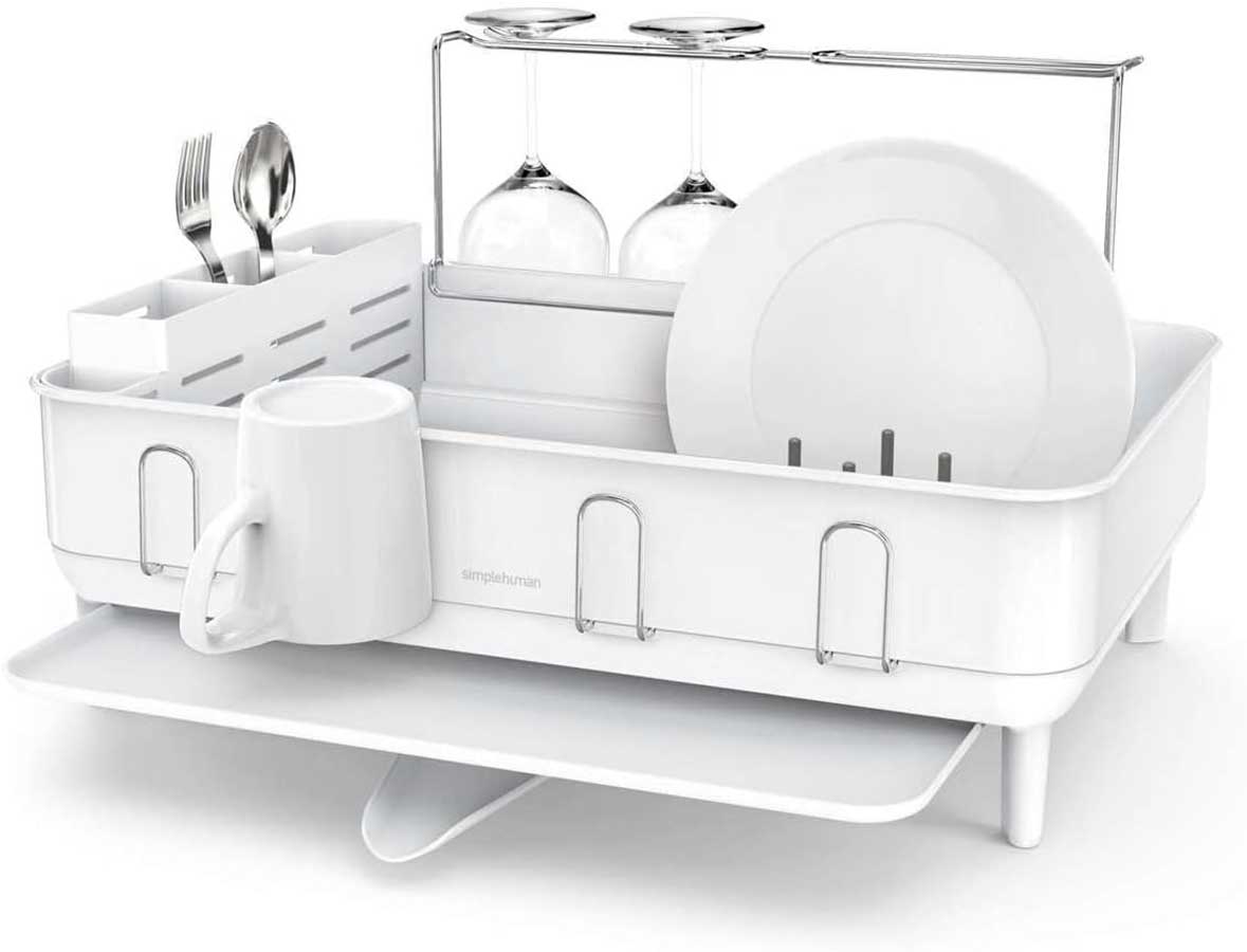 simplehuman Kitchen Dish Drying Rack with Swivel Spout, Fingerprint-Proof Stainless Steel Frame, All-White Steel