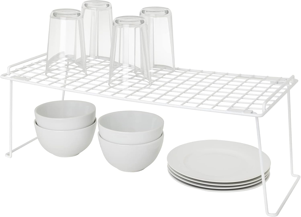 Smart Design Stacking Cabinet Shelf Rack - Extra Large 22 x 10 Inch - Steel Metal Wire - Cupboard, Plate, Dish, Counter and Pantry Organizer - Kitchen - White