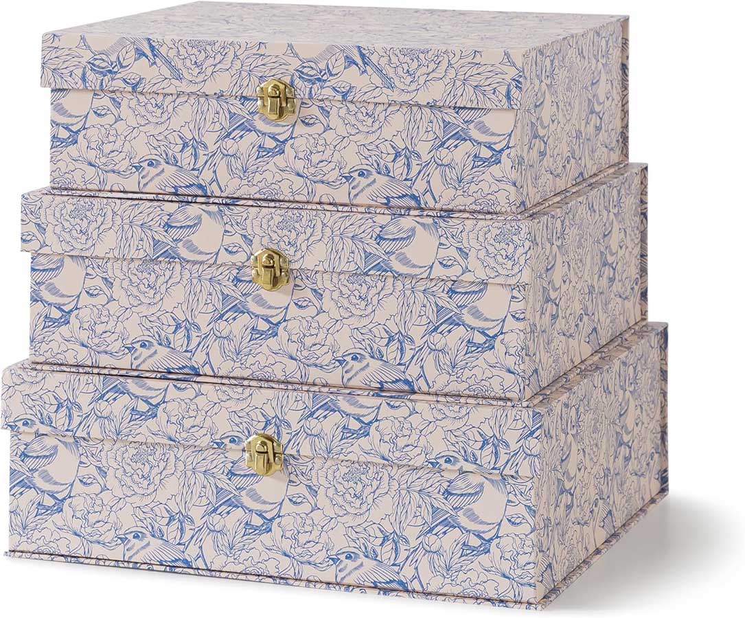 Soul & Lane Blue and White Floral Cardboard Decorative Storage Boxes with Gold Hardware - Set of 3, Aviary Garden - Stacking Boxes with Lids for Home.
