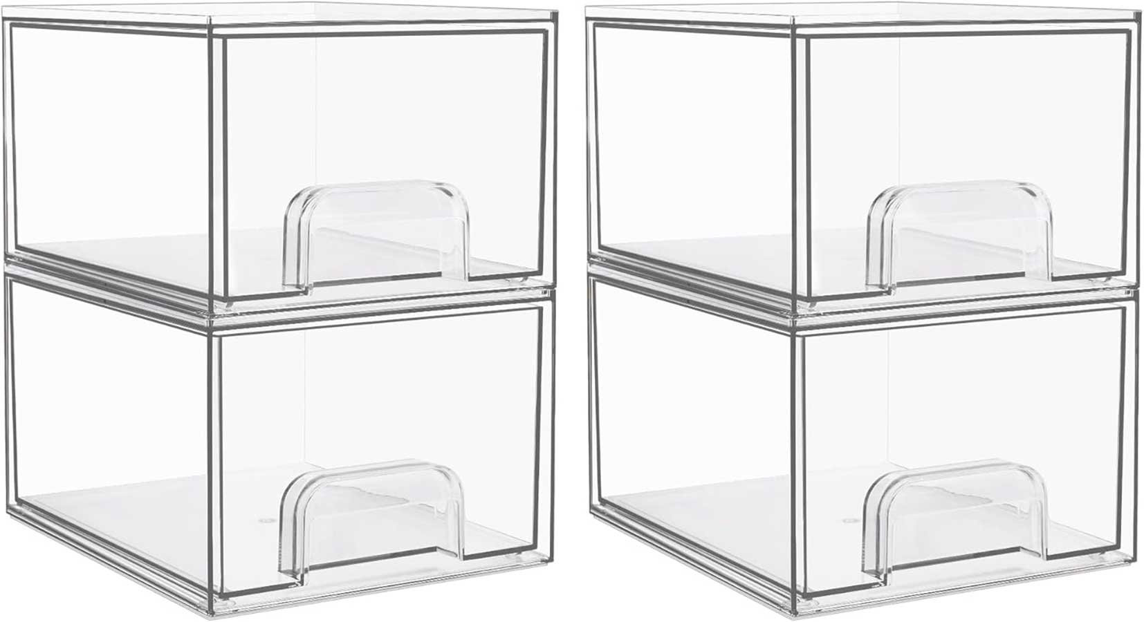 Vtopmart 4 Pack Clear Stackable Storage Drawers, 4.4'' Tall Acrylic Bathroom Makeup Organizer,Plastic Storage Bins For Vanity, Undersink, Kitchen