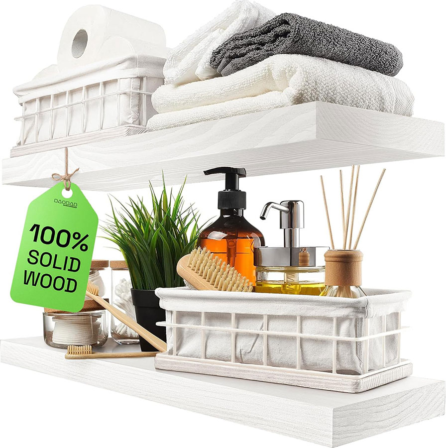 BAOBAB WORKSHOP Wood Floating Shelves for Bathroom Wall - White Shelves for Bedroom Kitchen Living Room - Solid Wood Shelves - White - 24 x 6.7 Inch, Set of 2