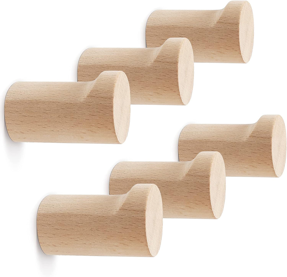 bsdonte Wood Wall Hooks 6 Pack, Natural Wooden Coat Hooks Wall Mounted, Handmade Rustic Hat Hooks Heavy Duty Entryway Wall Hangers for Hanging Towels