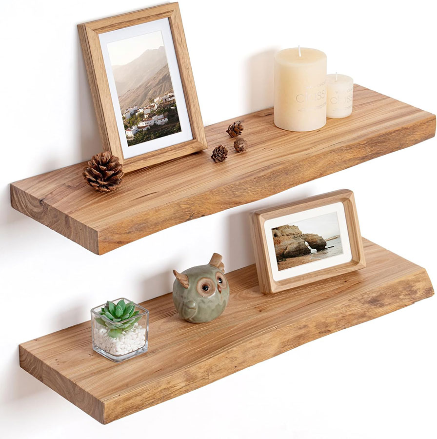 FLYJOE Floating Shelves for Wall Decor, Rustic Solid Elm Wood Floating Shelves Wall Mounted, Wall Shelves with Invisible Bracket for Living Room Bedroom