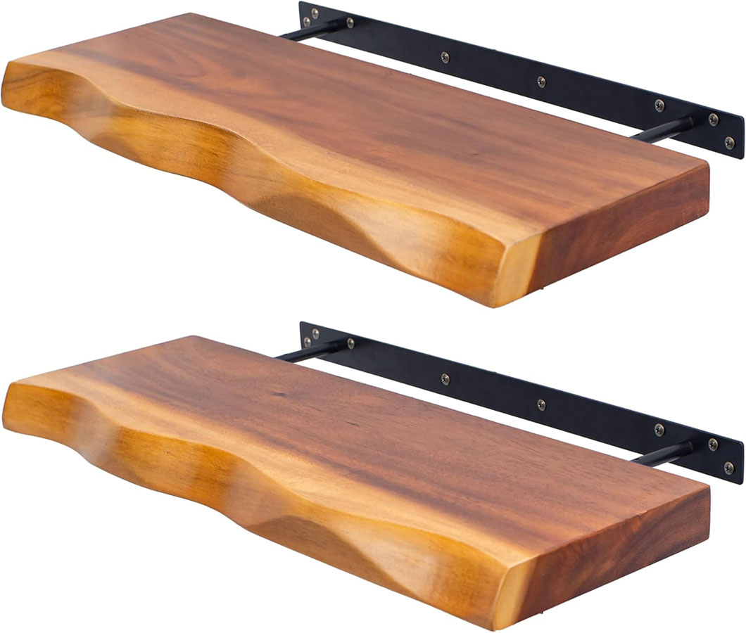 Gamoora Floating Shelves for Wall – 23.6” Rustic Wall-Mounted Wooden Shelves, Set of 2, Suar Solid Wood with Live Edge Design – Bathroom, Bedroom, Kitchen