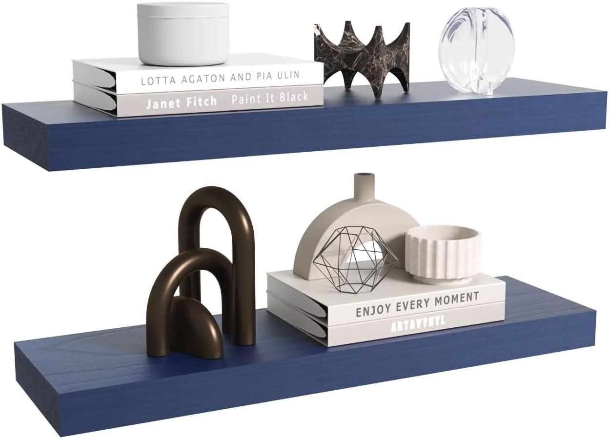 Floating Shelves, Bathroom Wall Shelf for Home Decor, 23.6 Inch Natural Wood Rustic Decor Shelf, Hanging Mounted Invisible Bracket, Set of 2, Navy Blue