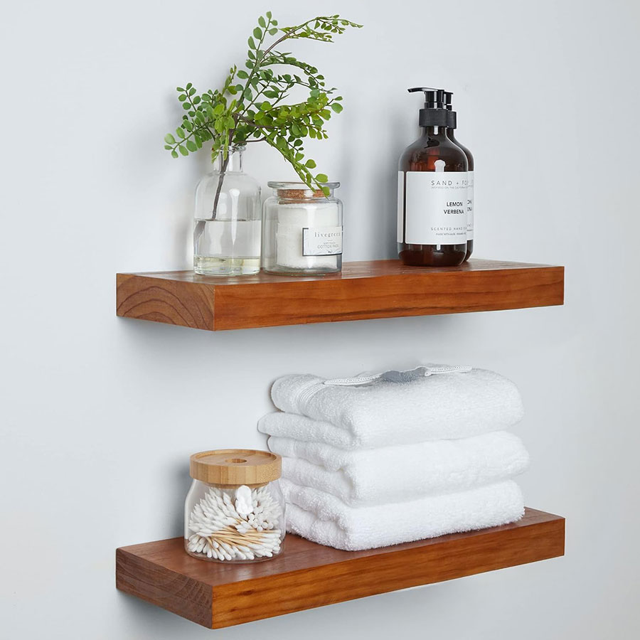 Homeforia Oak Floating Shelves for Wall, Premium Solid Wood Shelf, Oak Bathroom Shelves, Heavy Duty Bracket, 18 x 6.5 x 1.75 inch, Set of 2
