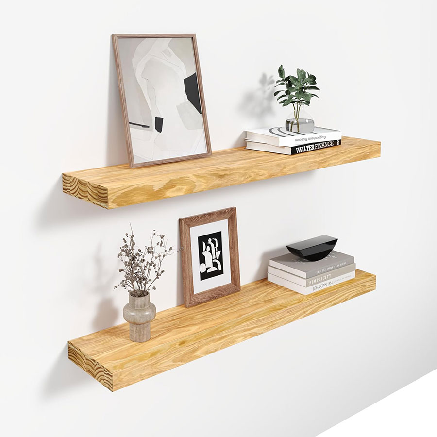 Howizz 24'' Pine Wood Floating Shelves for Wall- Set of 2 - Rustic Wall Mounted Wooden Shelf for Stylish Home Décor - Natural Color - 24x6.5x1.25