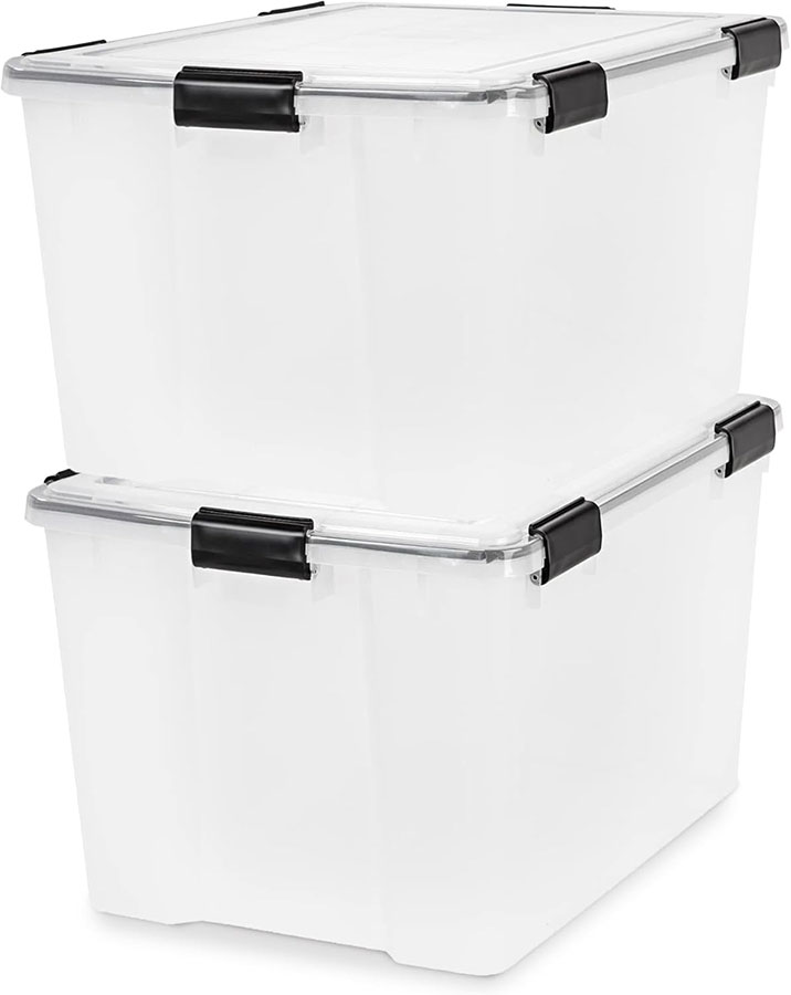 IRIS USA WeatherPro 74 Qt Storage Bins with Lids, 2 Pack, BPA-Free Plastic Gasket Box with Tight Latch and Seal, Stackable Nestable Tote Tub - Clear/Black