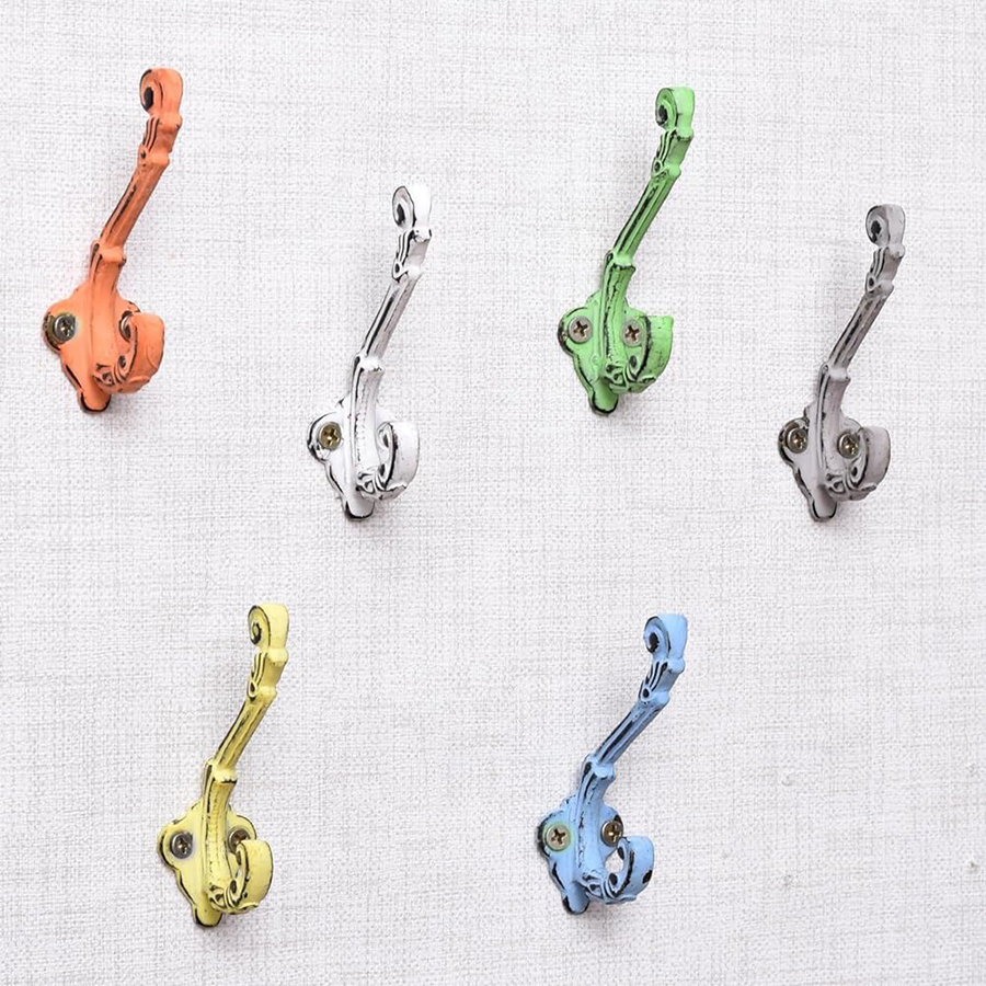 Indian Shelf 6 Pack Heavy Duty Colorful Kids Hooks Double Prong Cast Iron Farmhouse Decorative Rustic Vintage Wall Hooks for Hanging Coats, Keys, Bags, Hats