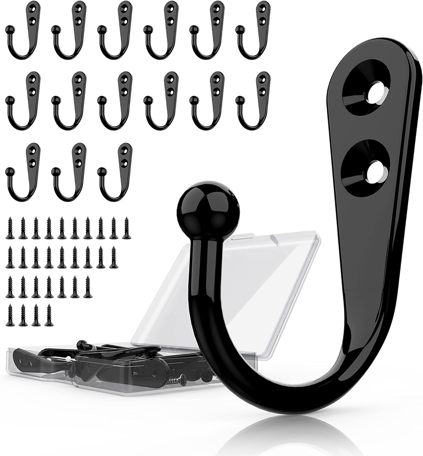 PRIGVOT 15 Pcs Black Wall Mounted Coat Hooks, Hanger Hook with 30 Pieces Screws for Towel, Key, Robe, Scarf, Bag, Cap, Coffee Cup, Mugs