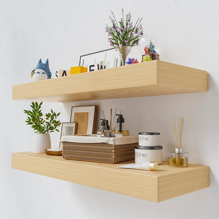 QueenFun White Oak Floating Shelves, 2 Inch Thick Sturdy Wood Floating Shelves for Wall, 8 Inch Deep Shelves Over Toilet, 24 x 8 Wall Shelves for Kitchen