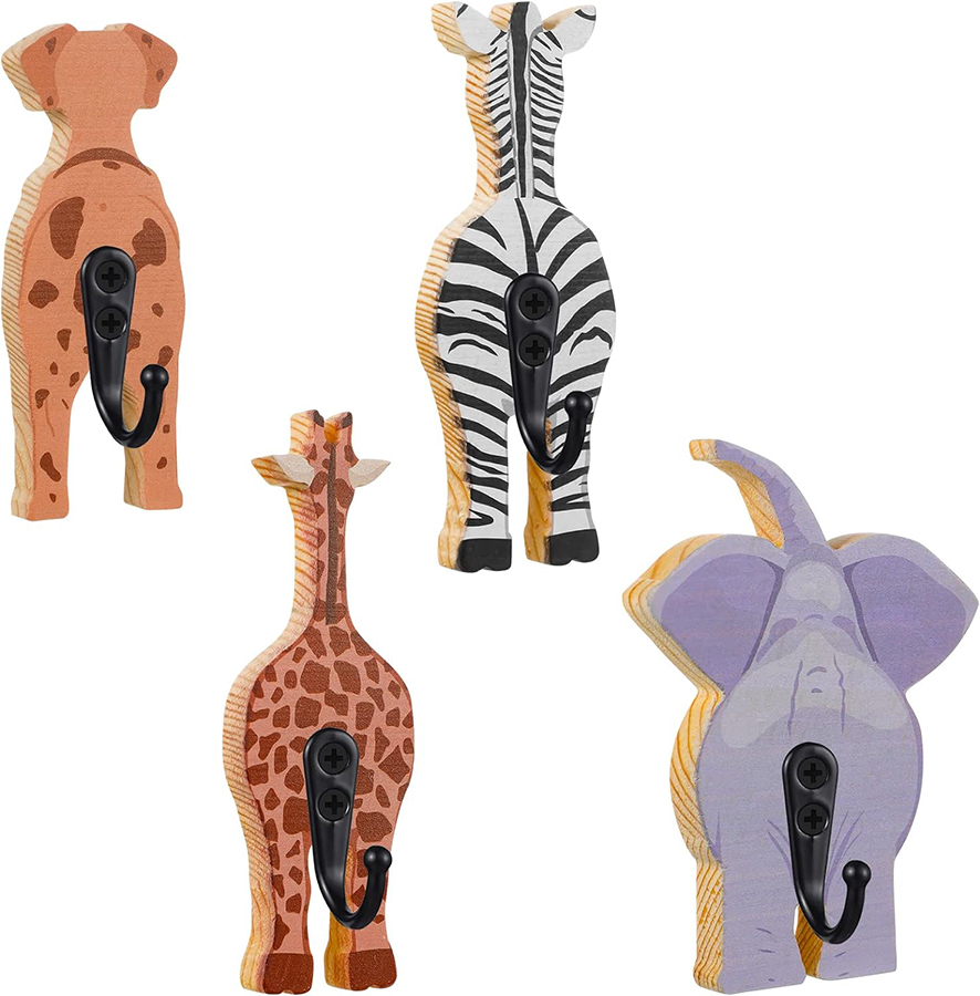 Qunclay 4 Pcs Safari Animal Wall Hooks Decorative Coat Wall Mounted Hooks Wooden Elephant Giraffe Zebra Dog Hanger for Nursery Bedroom Home Decor