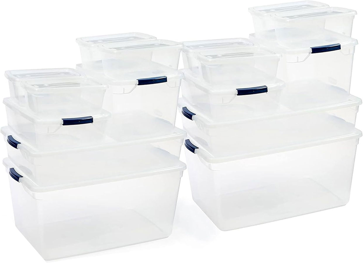 Rubbermaid Cleverstore Clear Dorm Variety 16-Pack, Made in USA, Stackable Large Clear Storage Bins with Lids, See-Through Plastic Storage, with Latching