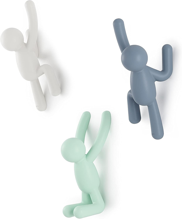 Umbra Buddy Wall Hooks – Decorative Wall Mounted Coat Hooks for Hanging Coats, Scarves, Bags, Purses, Backpacks, Towels and More, Set of 3, White/Grey/Mint