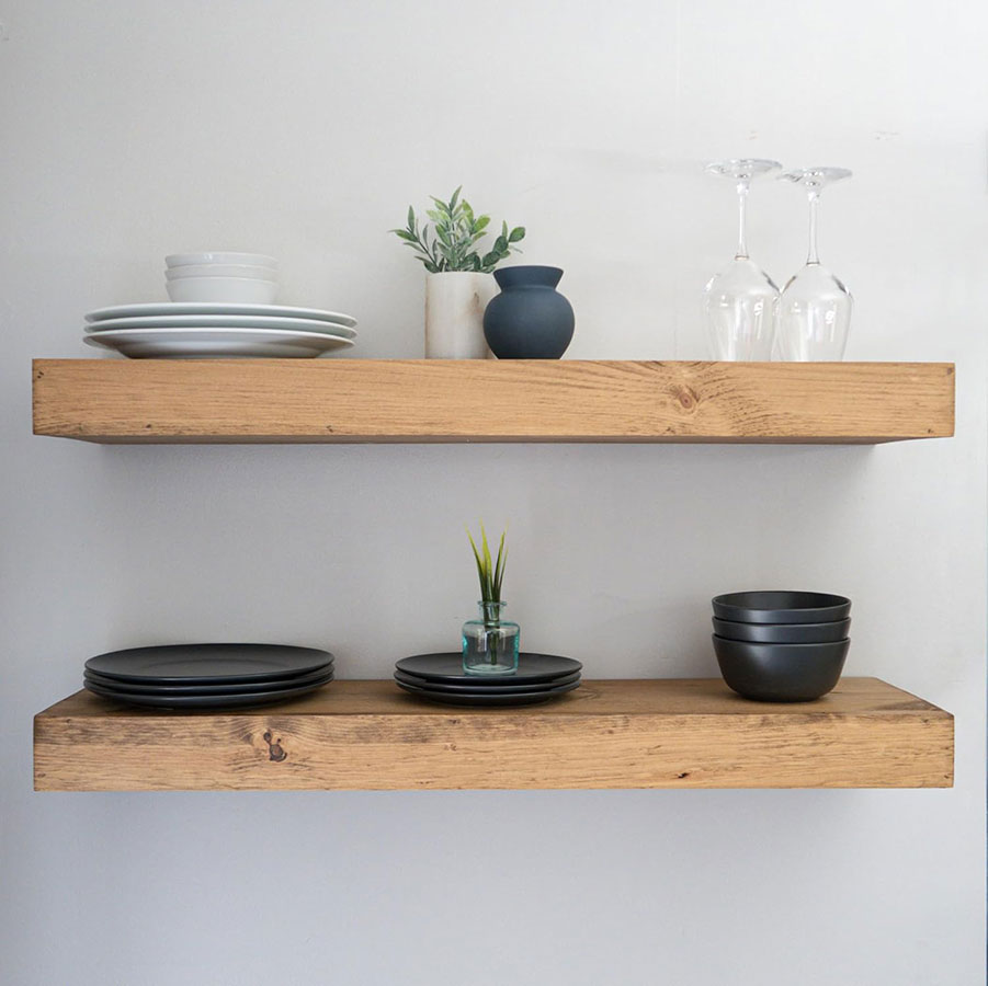 Urbandi Modern Floating Shelves 3 Inches Thick for Wall, Wide Shelves for Kitchen, Living Room, Bedroom, and Bathroom, Natural Pine Wood, Rustic Wooden